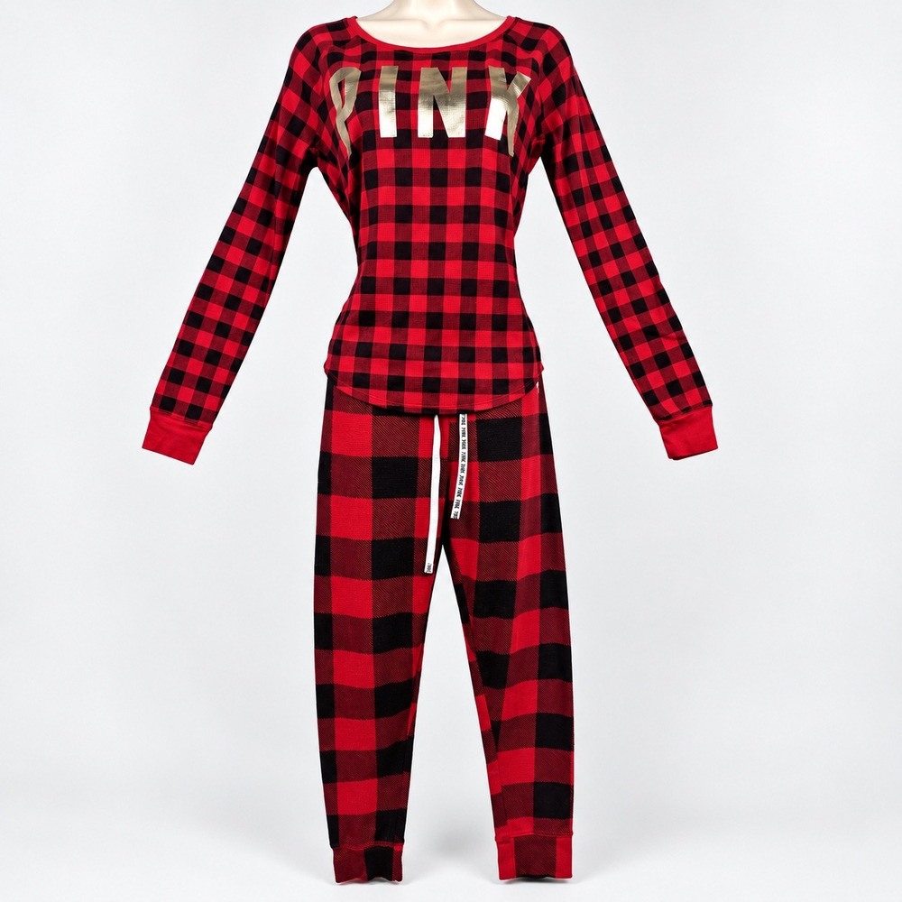 PINK Victoria's Secret Sleep Set Waffle Knit Women M Red Black Buffalo Plaid